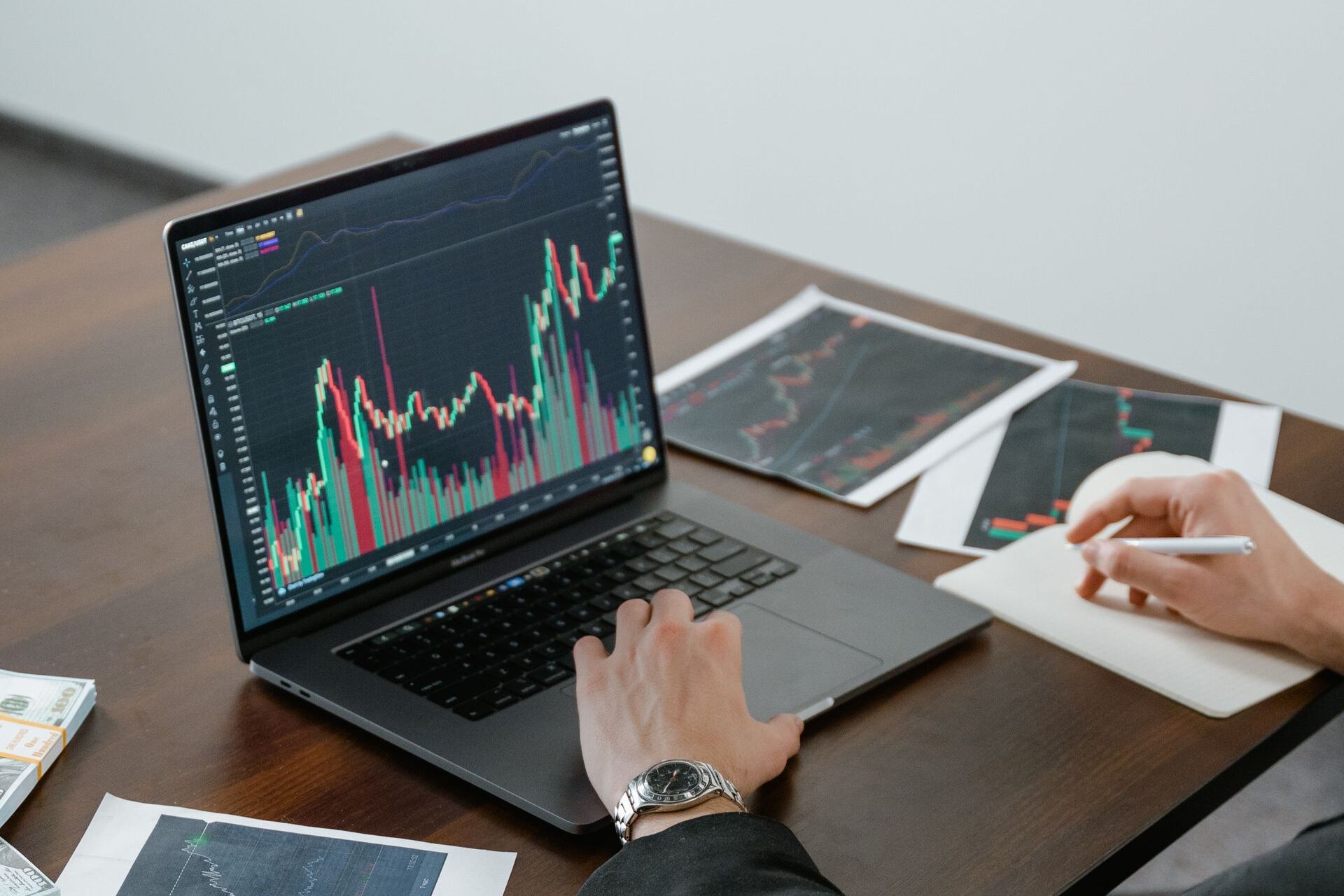 Financial research at a desk