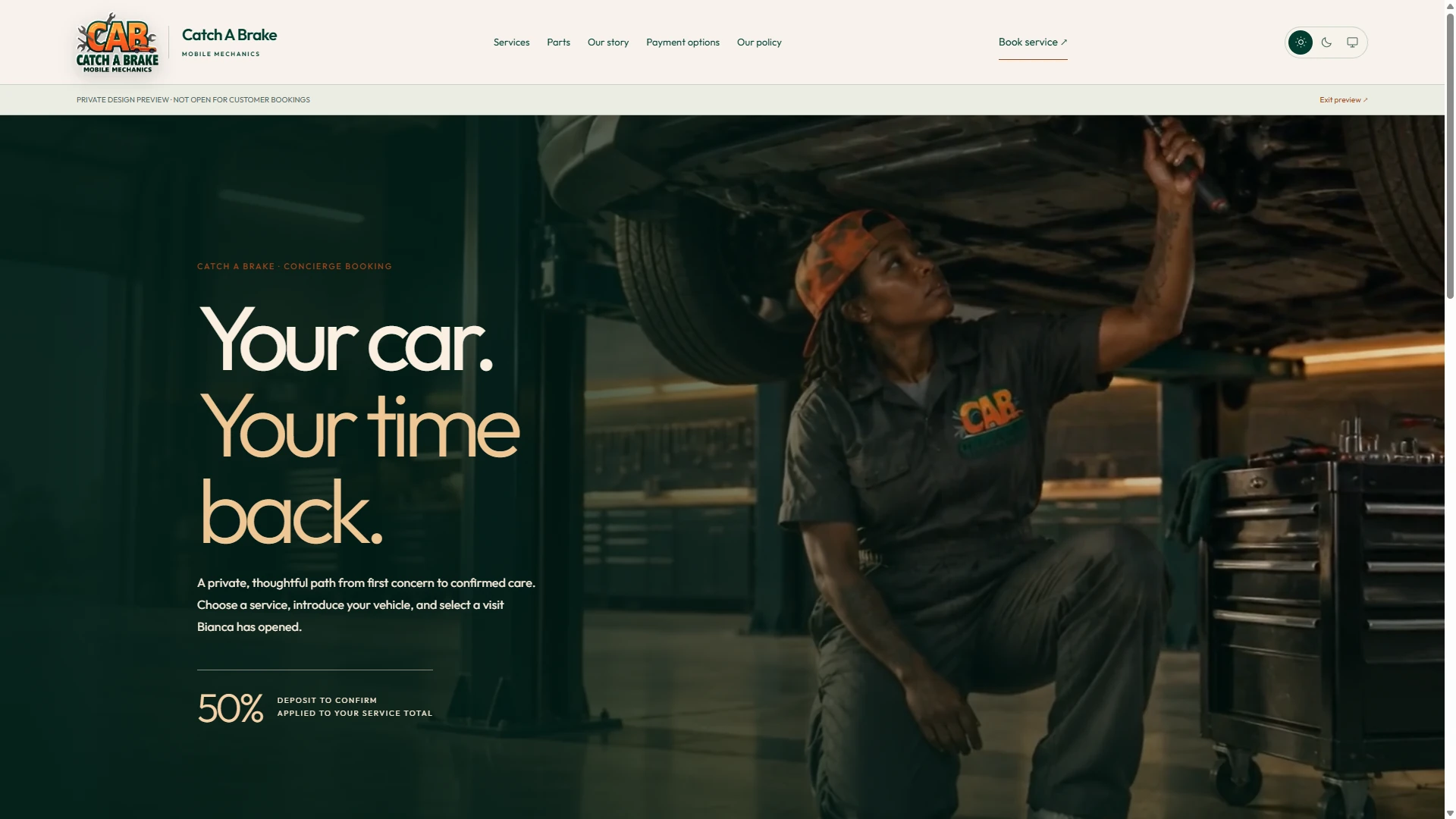 Catch A Brake custom booking preview with its cinematic workshop hero