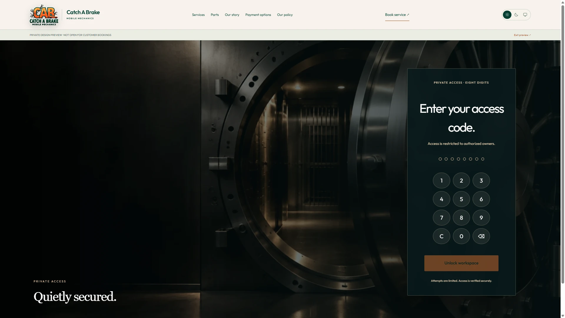Catch A Brake private owner workspace access screen