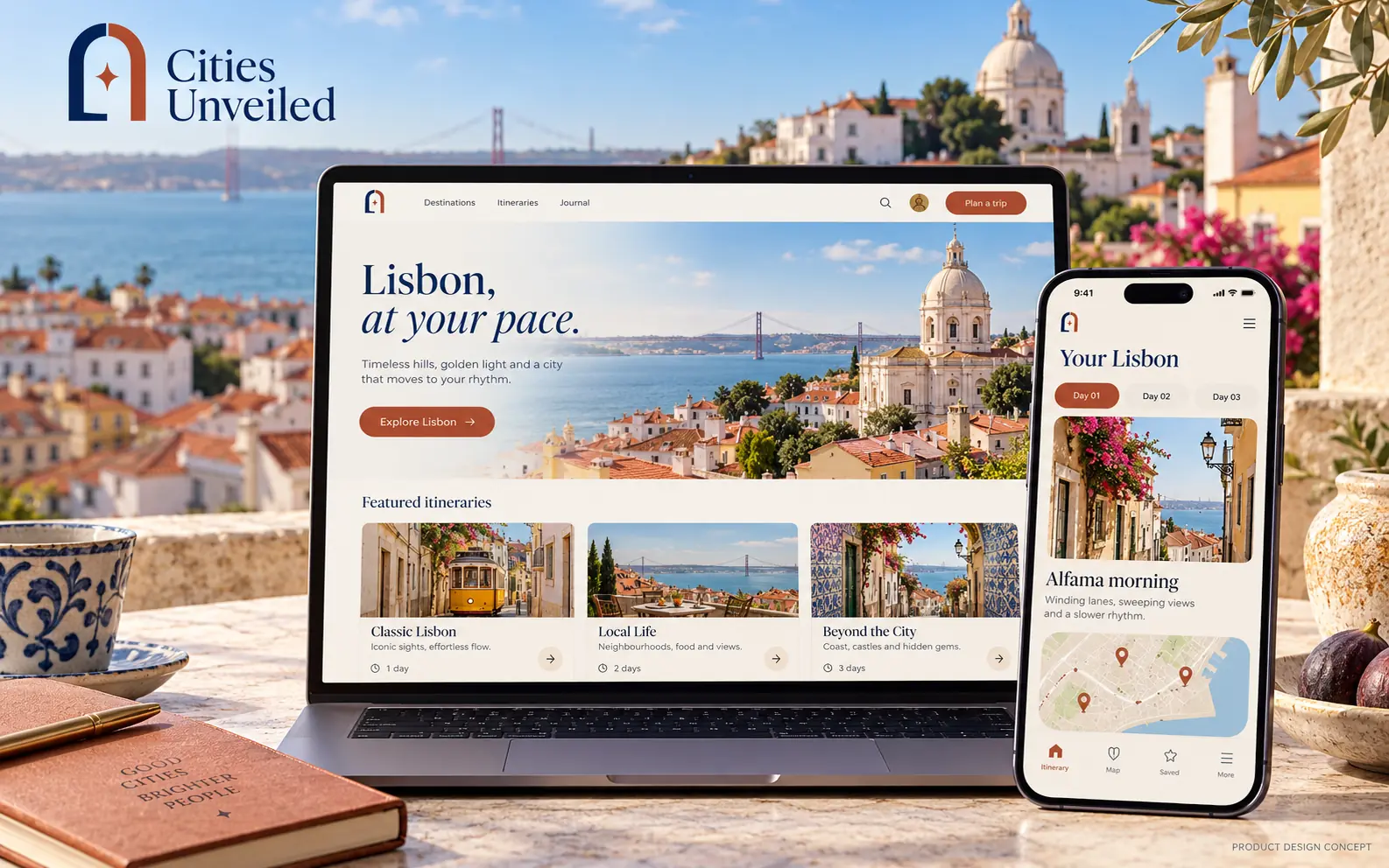 Cities Unveiled proposed cobalt identity with Lisbon guide on laptop and itinerary on mobile