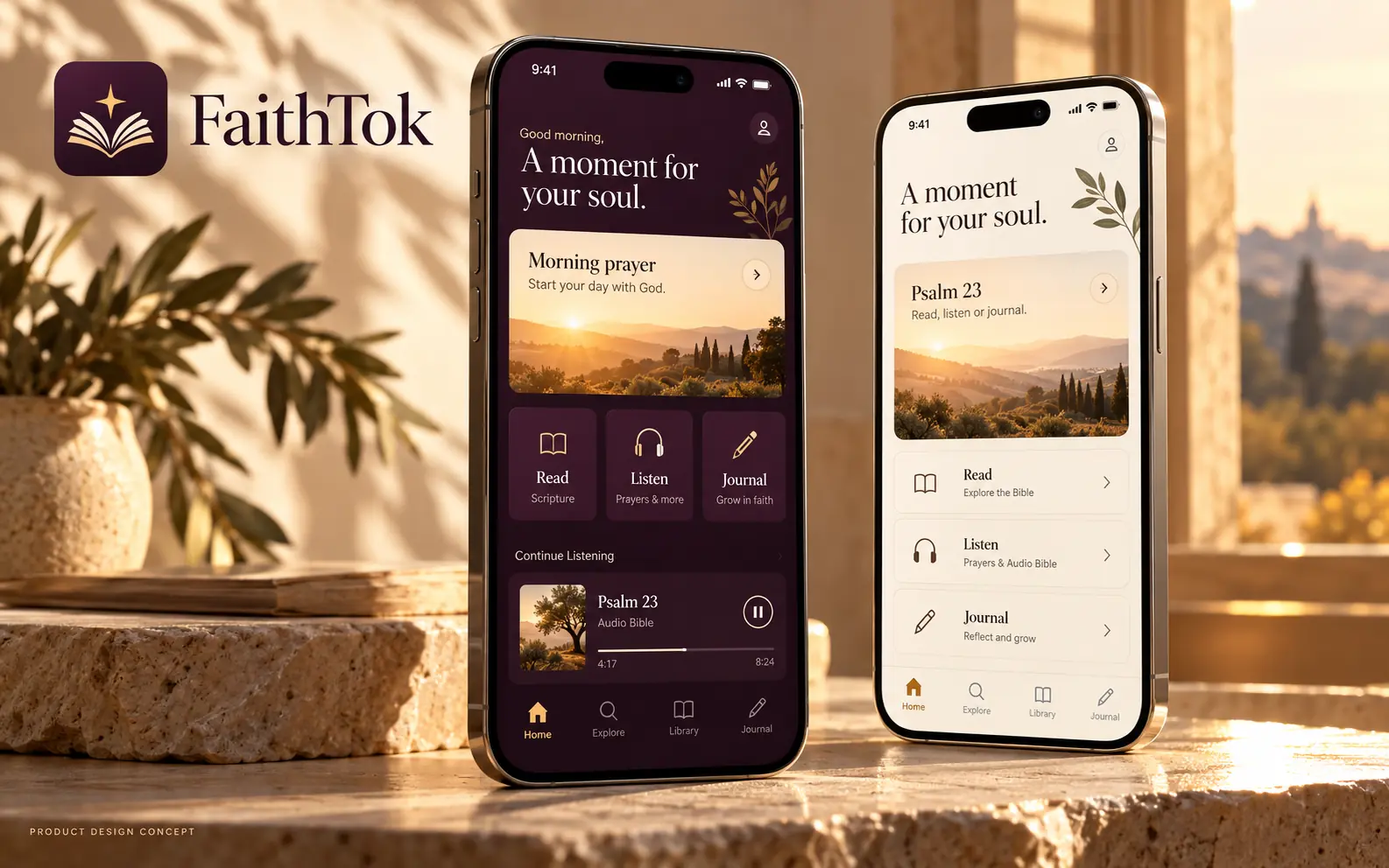 FaithTok proposed plum and gold identity with light and dark mobile app concepts